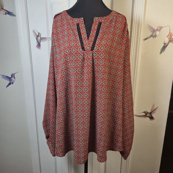 Liz Claiborne 3X Coral Black Geometric Tunic Top Roll Tab Sleeve Boho - Picture 2 of 7